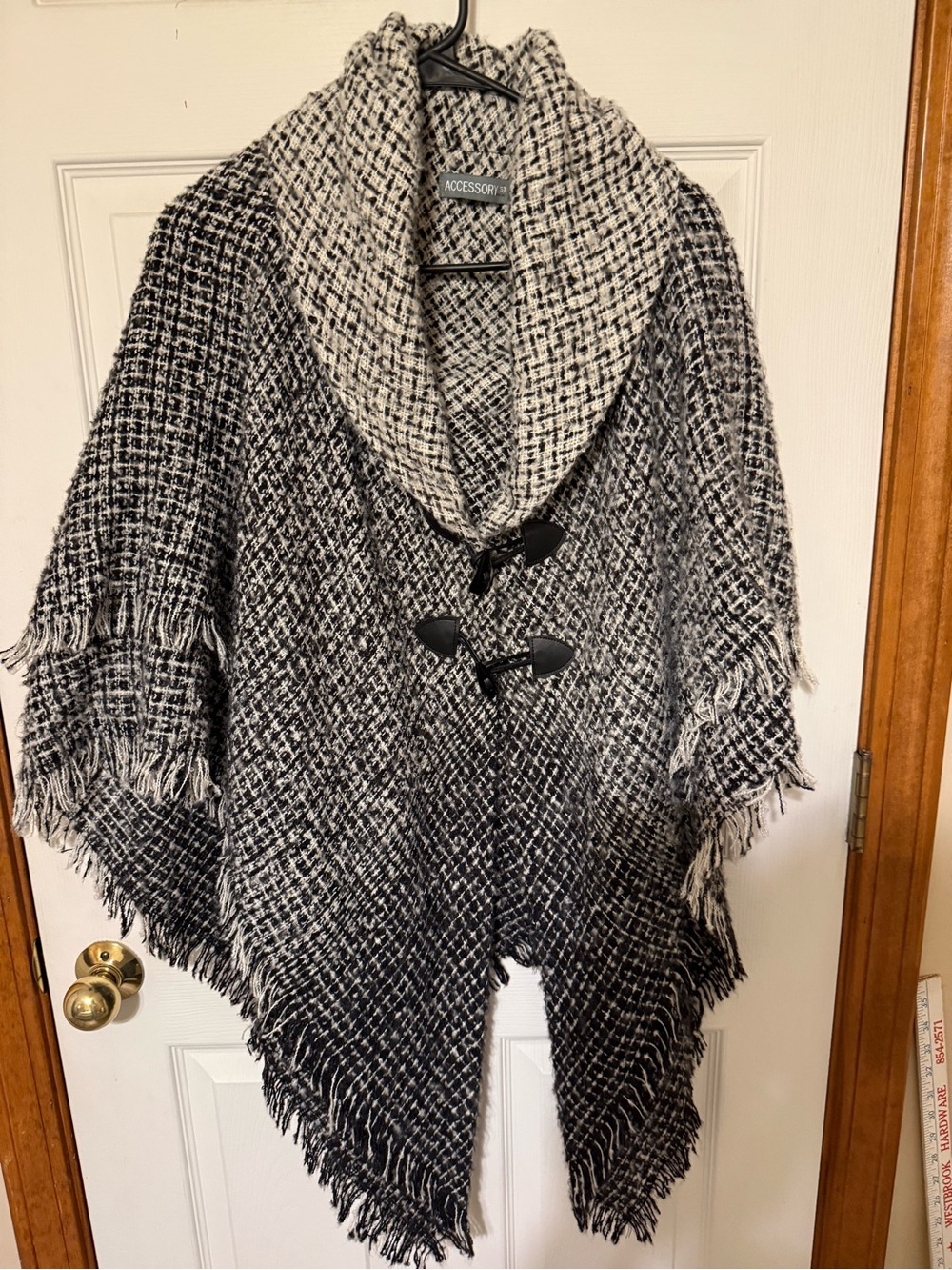2-Tone Black & White Fringe Shawl Poncho